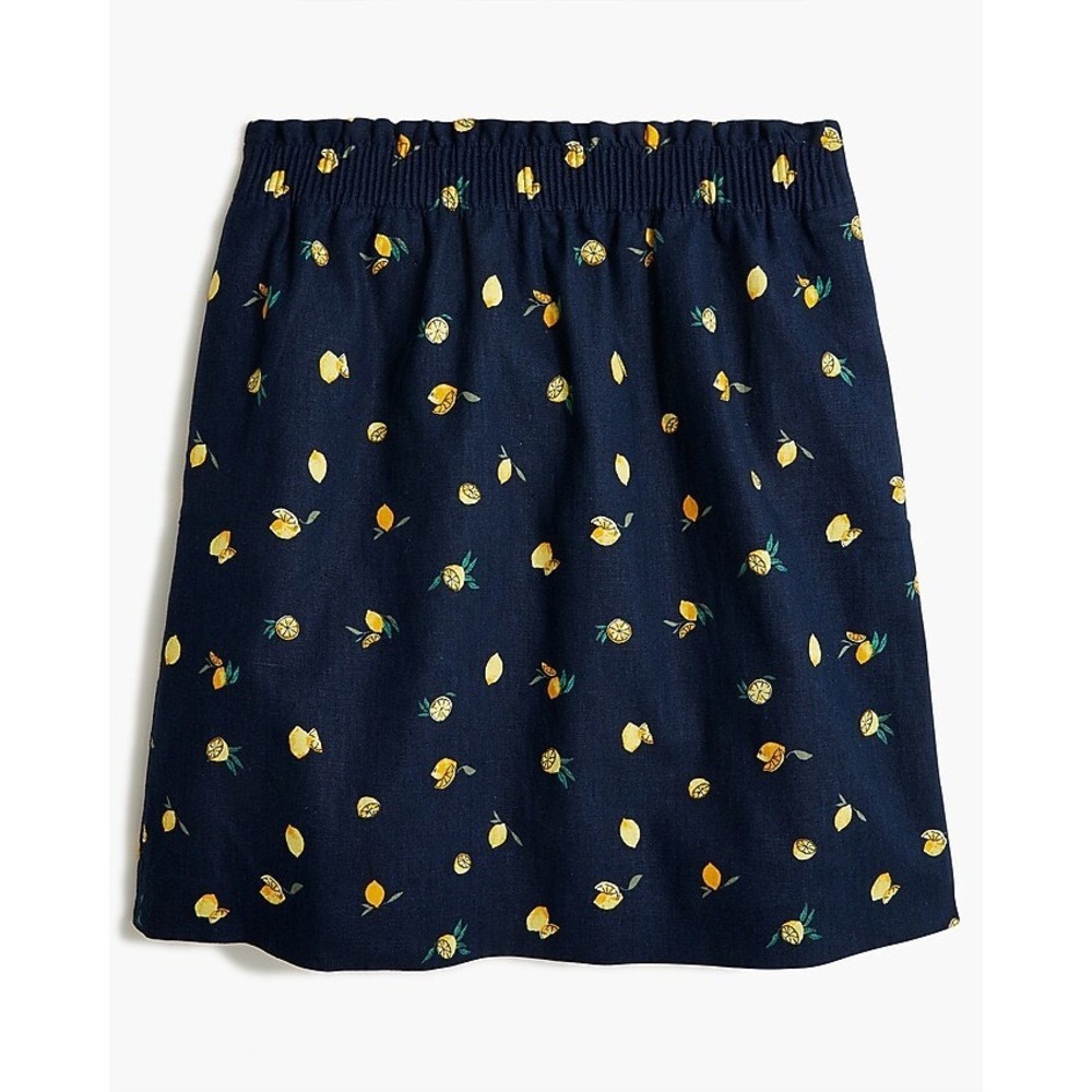 J. Crew Linen Skirt Size 6 Navy Lemon‎ Print Elastic Waist Lined Preppy Casual